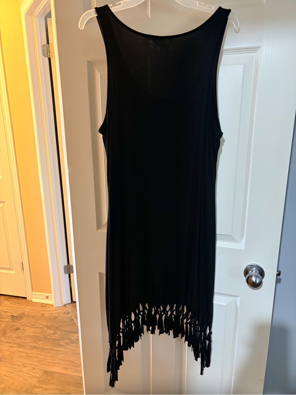 Black Fringe scoop neck Sleeveless Dress with bohemian handkerchief hem. - Picture 3 of 3